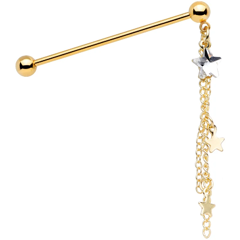 Women's Earrings – Elegant Designs for Every Personality--14 Gauge Clear Gem Gold Tone Stars Dangle Industrial Barbell 38mm