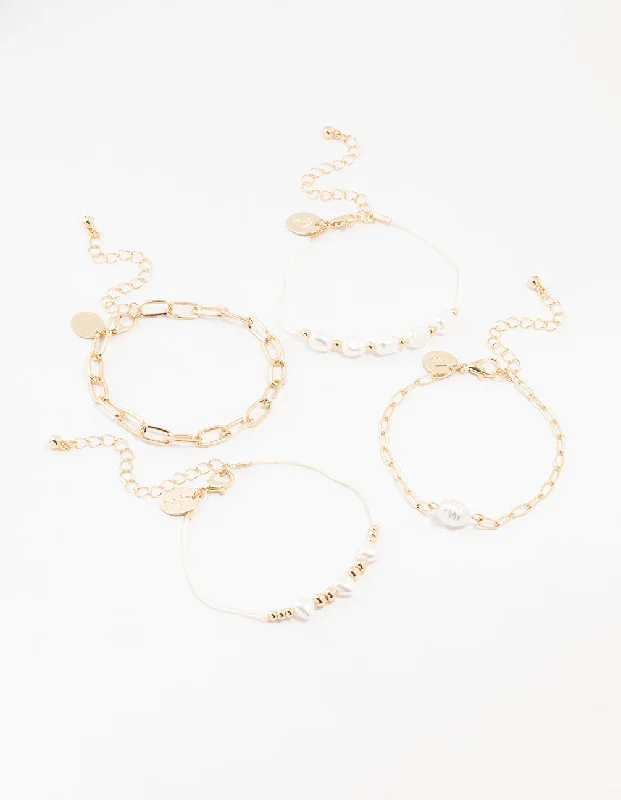 High-End Gold Bangles for Women-Gold Pearl & Cobblestone Link Bracelets 4-Pack