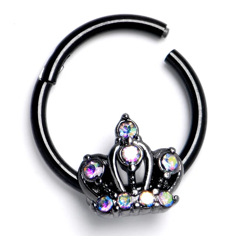 Women's Earrings – Elegant Designs for Every Personality--16 Gauge 3/8 Aurora CZ Gem Black Epic Crown Hinged Segment Ring