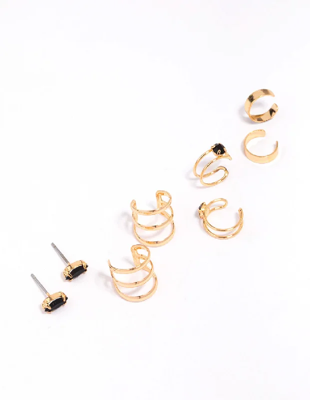 Women's Earrings – Elegant Designs for Every Personality--Gold & Black Marquise Stone Earring 4-Pack