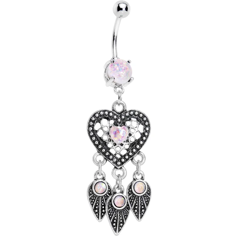 Belly Rings with Gemstones for Sparkling Style -White Faux Opal Have a Heart Dreamcatcher Dangle Belly Ring