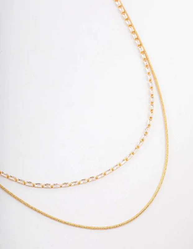 Shop Classic Women's Necklaces & Pendants with a Modern Twist-Gold Plated Cubic Zirconia Dainty Baguette Layered Necklace Shop Classic Women's Necklaces & Pendants with a Modern Twist-Gold Plated Cubic Zirconia Dainty Baguette Layered Necklace