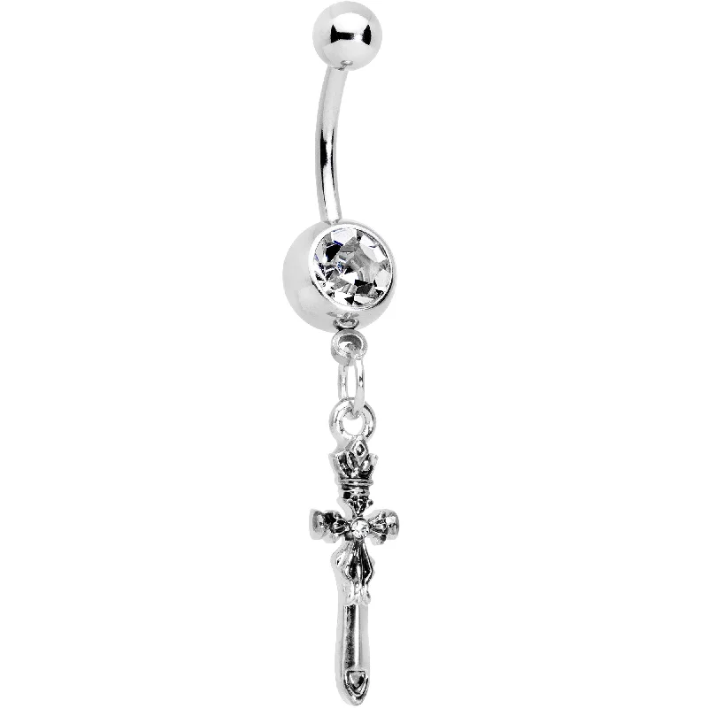 Designer Belly Rings for Exclusive Looks -Clear Gem Templar Cross Dangle Belly Ring