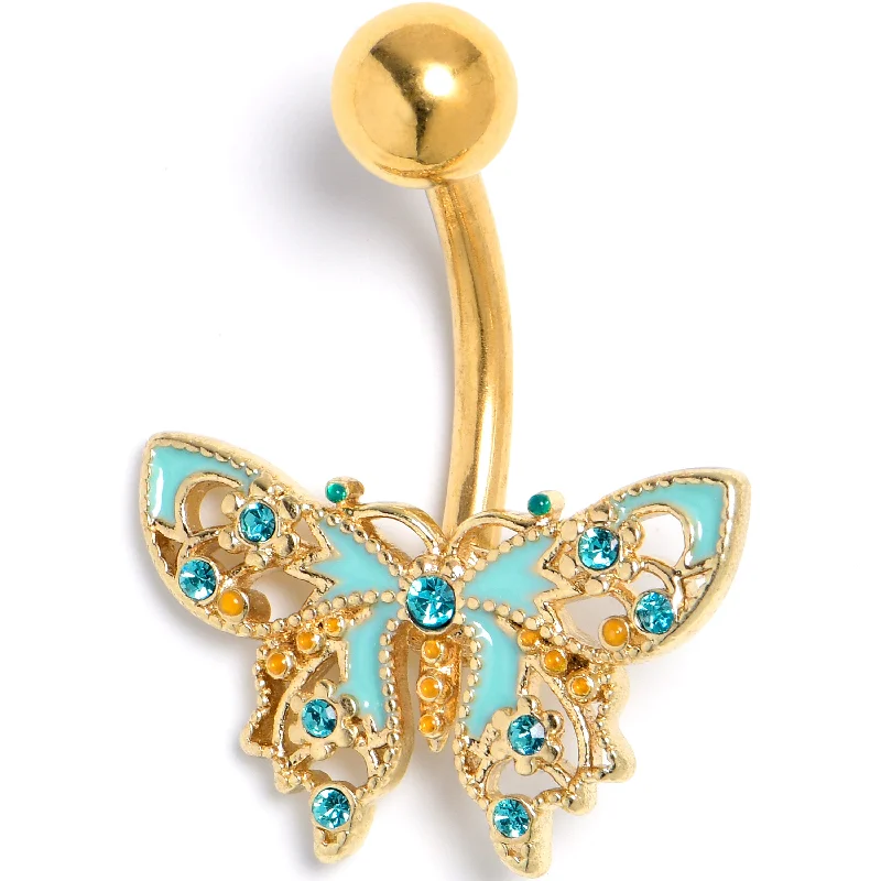 Trendy Belly Rings for Bold Fashion Statements -Blue Gem Gold Tone Ribbon Butterfly Belly Ring Trendy Belly Rings for Bold Fashion Statements -Blue Gem Gold Tone Ribbon Butterfly Belly Ring