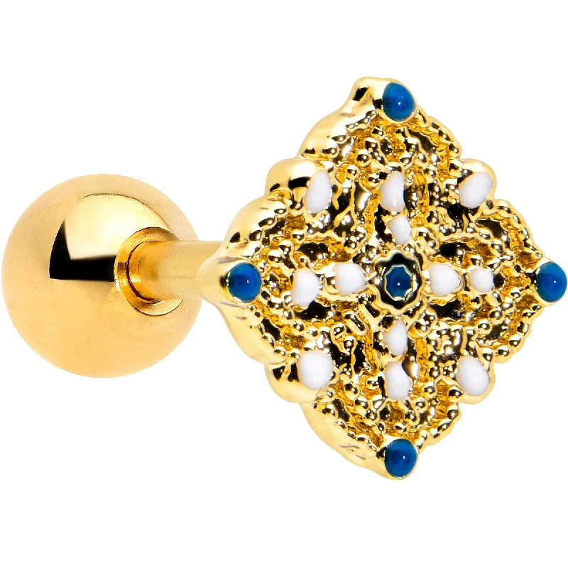 Women's Earrings – Elegant Designs for Every Personality--16 Gauge 1/4 Blue Gem Gold Tone Lacy Rhombus Cartilage Tragus Earring