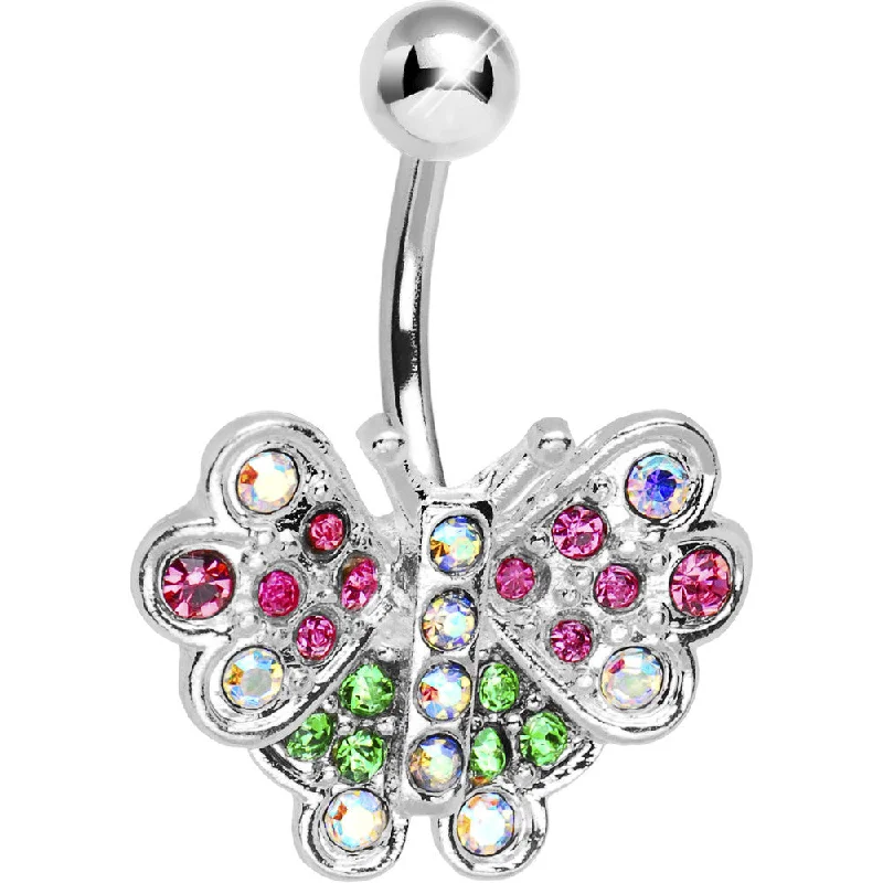 Belly Rings for Bold Fashion Choices -Multi Gem Colorful Butterfly Belly Ring