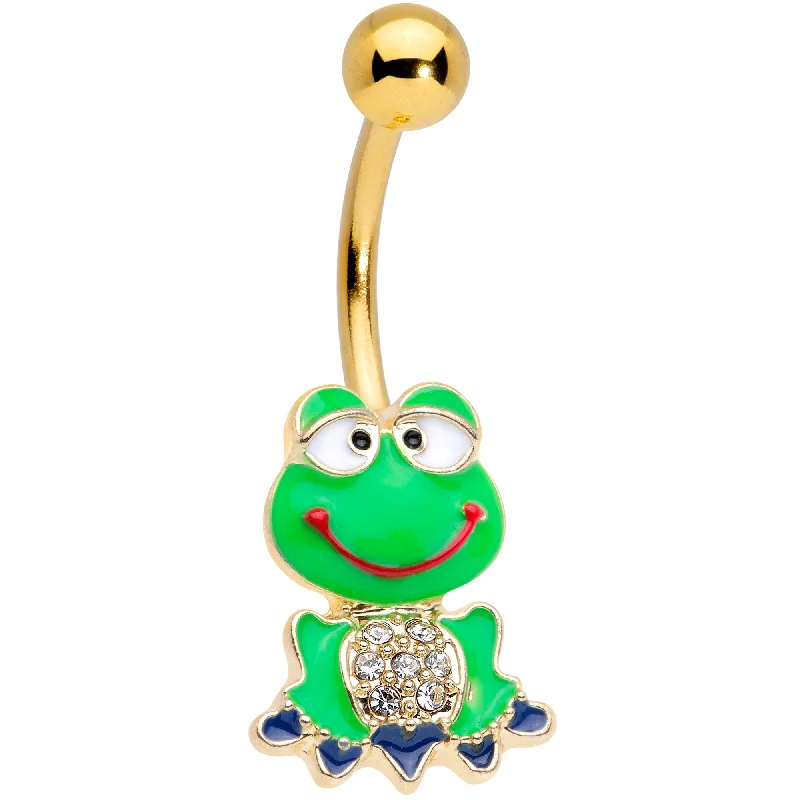 Unique Belly Rings for Statement Style -Clear Gem Gold Tone Green Goofy Frog Belly Ring Unique Belly Rings for Statement Style -Clear Gem Gold Tone Green Goofy Frog Belly Ring