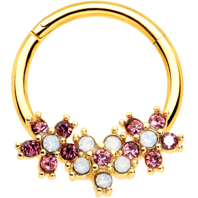 Simple and Comfortable Nose Rings -16 Gauge 3/8 White Faux Opal Gold Hue Bunch Flower Hinged Segment Ring Simple and Comfortable Nose Rings -16 Gauge 3/8 White Faux Opal Gold Hue Bunch Flower Hinged Segment Ring