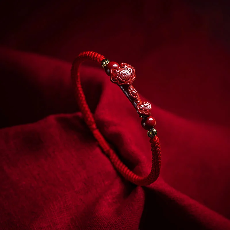 Adjustable Braided Bangles for Women-Buddha Stones Handmade Cinnabar Ruyi Handle Fu Character PiXiu Blessing Red String Braided Bracelet