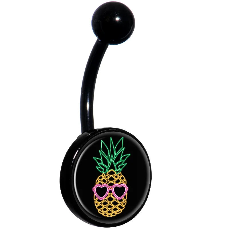 Classic Belly Rings for Elegant Style -Neon Heart Tropical Pineapple Black Belly Ring Classic Belly Rings for Elegant Style -Neon Heart Tropical Pineapple Black Belly Ring