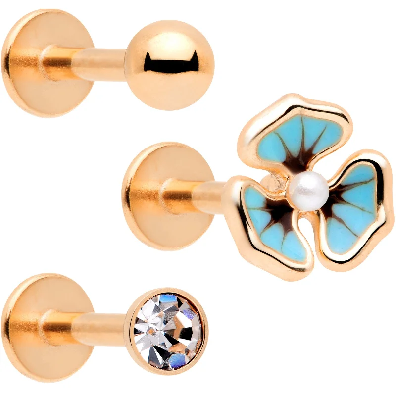 Simple Lip Rings for Minimalist Looks16 Gauge 5/16 Clear Gem Rose Gold Tone Blue Pansy Labret Set Simple Lip Rings for Minimalist Looks16 Gauge 5/16 Clear Gem Rose Gold Tone Blue Pansy Labret Set