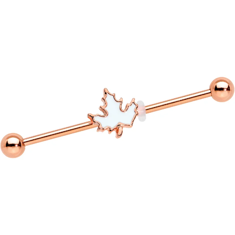 Women's Earrings – Elegant Designs for Every Personality--14 Gauge Rose Gold Hue Autumn White Maple Leaf Industrial Barbell 38mm Women's Earrings – Elegant Designs for Every Personality--14 Gauge Rose Gold Hue Autumn White Maple Leaf Industrial Barbell 38mm