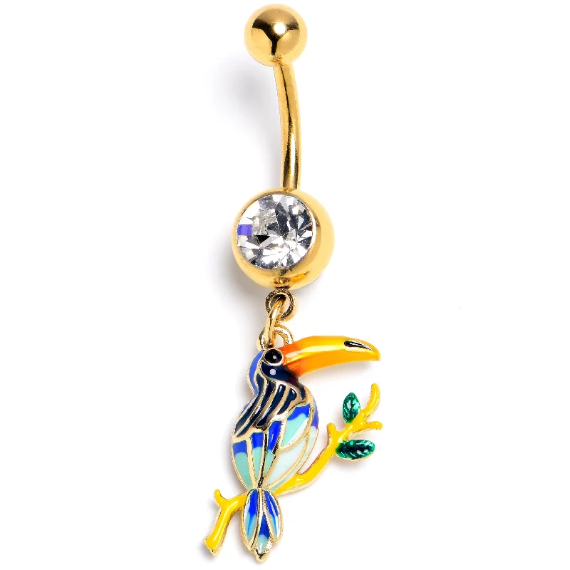 Comfortable Belly Rings with Adjustable Design -Clear Green Gem Gold Tone Tropical Toucan Dangle Belly Ring Comfortable Belly Rings with Adjustable Design -Clear Green Gem Gold Tone Tropical Toucan Dangle Belly Ring