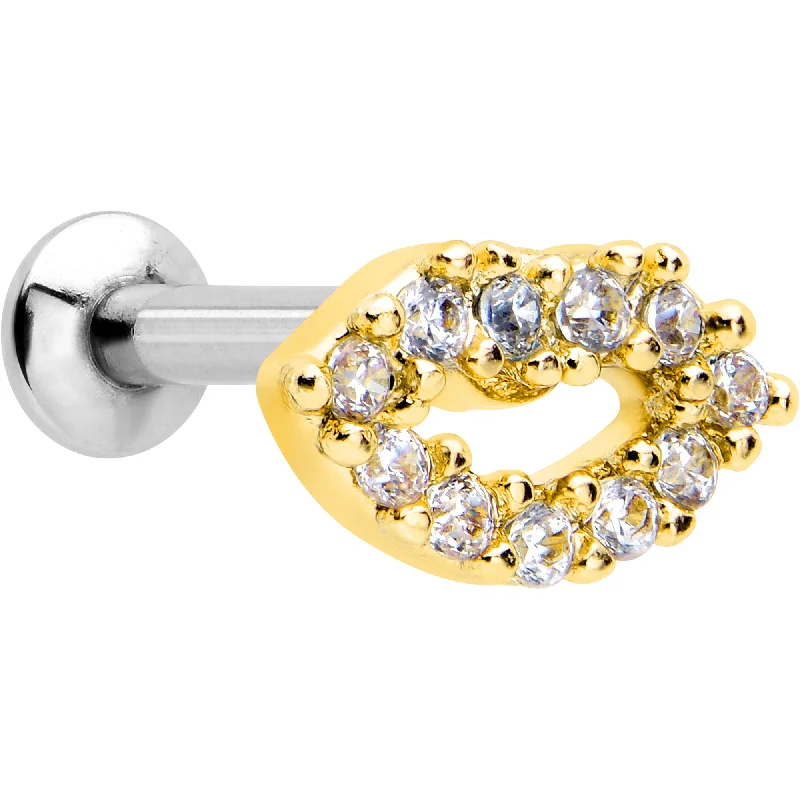 Comfortable and Fashionable Lip Rings16 Gauge 1/4 Clear CZ Gem Kissy Lips Golden Threadless Labret Tragus