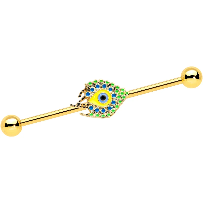 Women's Earrings – Elegant Designs for Every Personality--14 Gauge Gold Tone Bold Peacock Feather Industrial Barbell 38mm Women's Earrings – Elegant Designs for Every Personality--14 Gauge Gold Tone Bold Peacock Feather Industrial Barbell 38mm