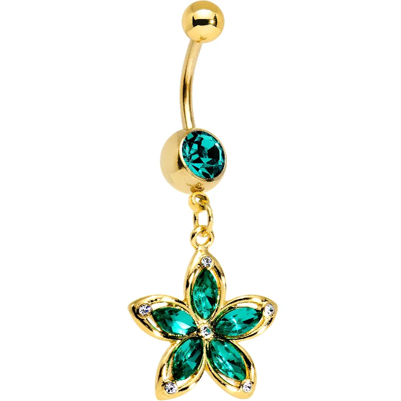 Belly Rings for Fashion Enthusiasts -Green Gem Gold PVD Holiday Hibiscus Flower Dangle Belly Ring Belly Rings for Fashion Enthusiasts -Green Gem Gold PVD Holiday Hibiscus Flower Dangle Belly Ring