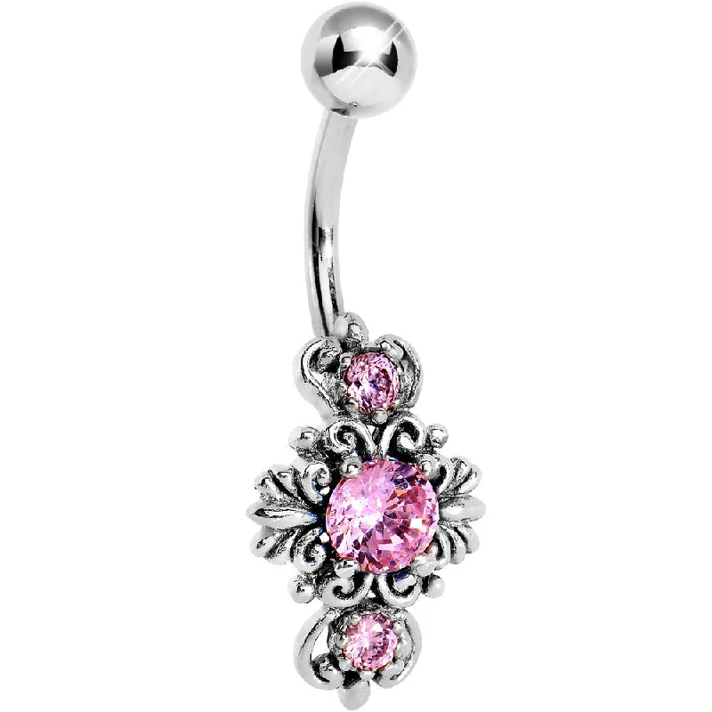 Designer Belly Rings for Bold Looks -Silver 925 Pink Gem Silver Scroll Leaf Belly Ring Designer Belly Rings for Bold Looks -Silver 925 Pink Gem Silver Scroll Leaf Belly Ring