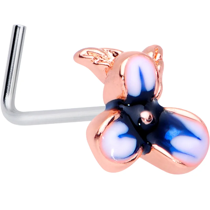 Timeless and Classic Nose Rings -20 Gauge 5/16 Rose Gold Tone Blue White Flower L Shaped Nose Ring Timeless and Classic Nose Rings -20 Gauge 5/16 Rose Gold Tone Blue White Flower L Shaped Nose Ring