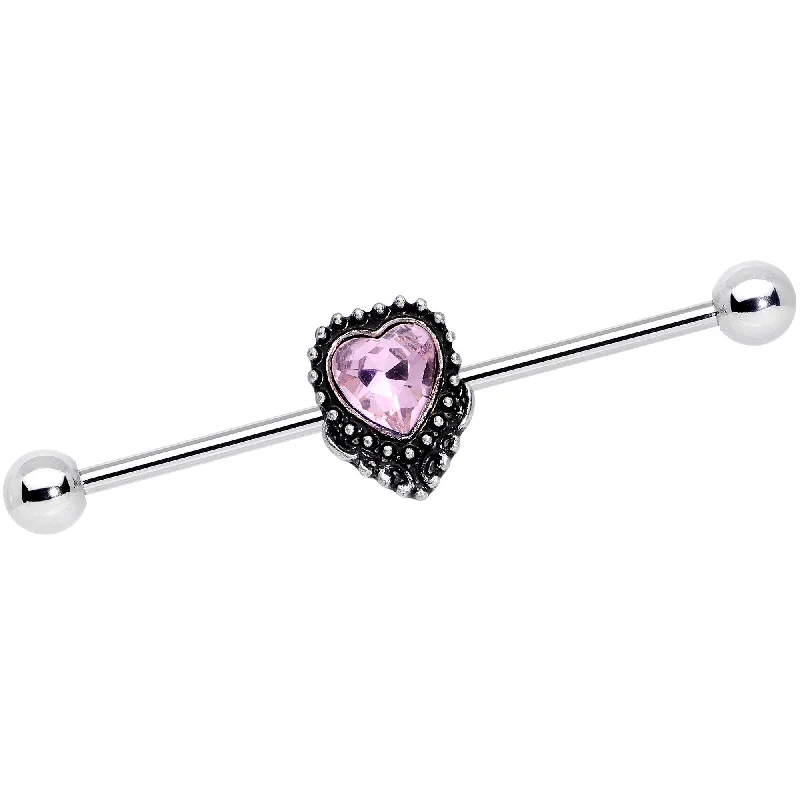 Women's Earrings – Elegant Designs for Every Personality--14 Gauge Pink Gem Regal Textured Heart Industrial Barbell 38mm