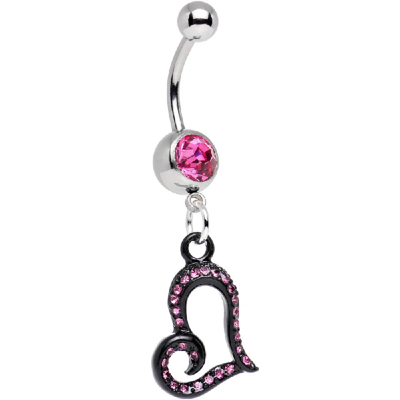 Belly Rings with Unique Shape Designs -Pink Gem Paved Black Asymmetrical Heart Dangle Belly Ring Belly Rings with Unique Shape Designs -Pink Gem Paved Black Asymmetrical Heart Dangle Belly Ring