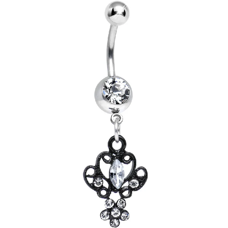 Beautiful Belly Rings with Vibrant Gems -Clear Gem Black Brussels Lace and Flower Dangle Belly Ring