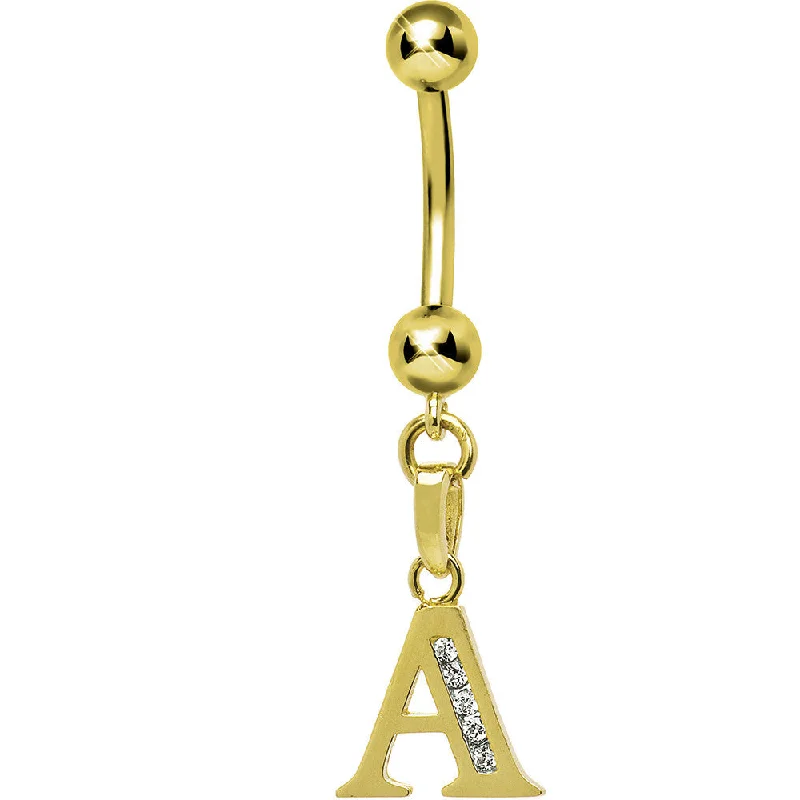 Stylish Belly Rings for Bold Fashion Statements -16 Gauge Solid 14kt Yellow Gold CZ Initial A Belly Ring Stylish Belly Rings for Bold Fashion Statements -16 Gauge Solid 14kt Yellow Gold CZ Initial A Belly Ring