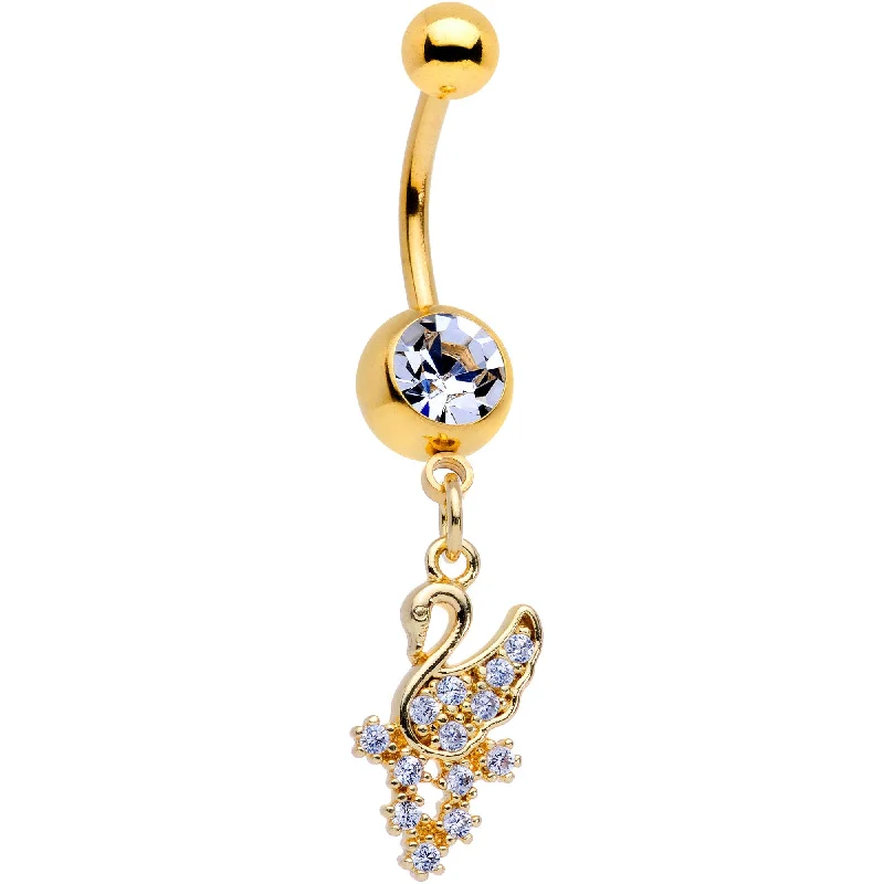 Belly Rings with Vibrant Colors for Bold Style -Clear CZ Gem Gold PVD Spirit Swan Dangle Belly Ring Belly Rings with Vibrant Colors for Bold Style -Clear CZ Gem Gold PVD Spirit Swan Dangle Belly Ring