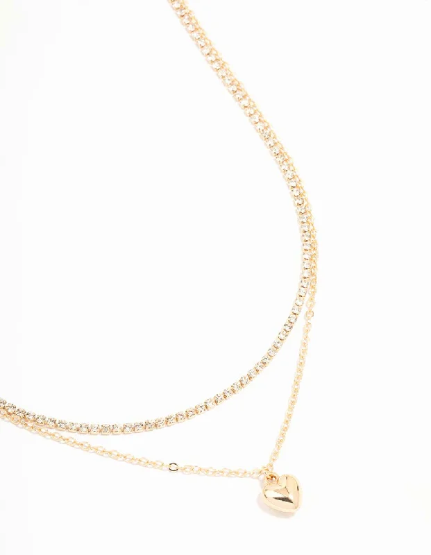 Shop Classic Women's  Necklaces & Pendants with a Modern Twist-Gold Diamante & Puffy Heart Layered Necklace