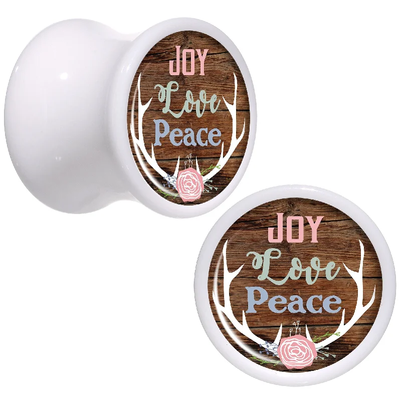 Women's Earrings – Elegant Designs for Every Personality--Rustic Joy Love Peace Antlers White Acrylic Saddle Plug Set Sizes 5mm to 20mm Women's Earrings – Elegant Designs for Every Personality--Rustic Joy Love Peace Antlers White Acrylic Saddle Plug Set Sizes 5mm to 20mm