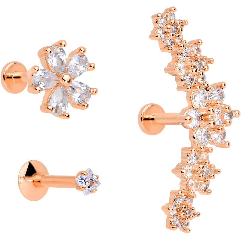 Beautiful Lip Rings with Shiny Accents16 Gauge 1/4 Clear CZ Gem Rose Gold Tone Floral Labret Tragus Set of 3