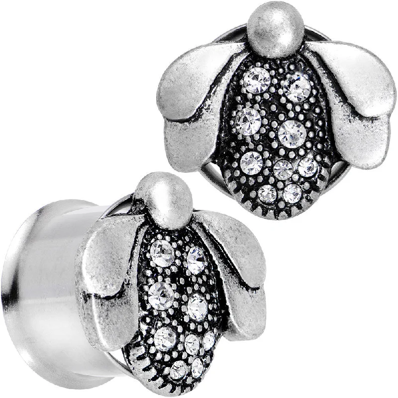 Women's Earrings – Elegant Designs for Every Personality--5/8 Clear Gem Steel Allow Me Ladybug Double Flare Tunnel Plug Set