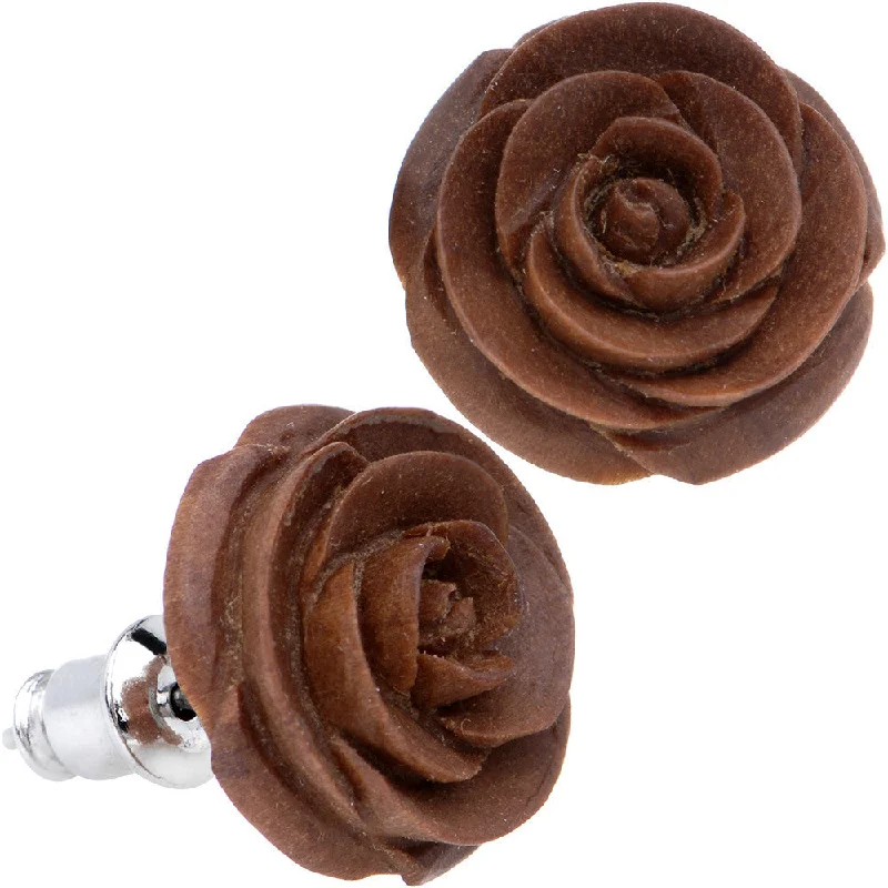 Women's Earrings – Elegant Designs for Every Personality--Organic Chocolate Wood Hand Carved Rosebud Stud Earrings Women's Earrings – Elegant Designs for Every Personality--Organic Chocolate Wood Hand Carved Rosebud Stud Earrings