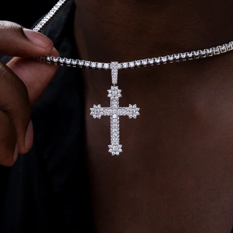 Men's Bracelets with Multi-Colored Details-Diamond Flower Cross Pendant in White Gold