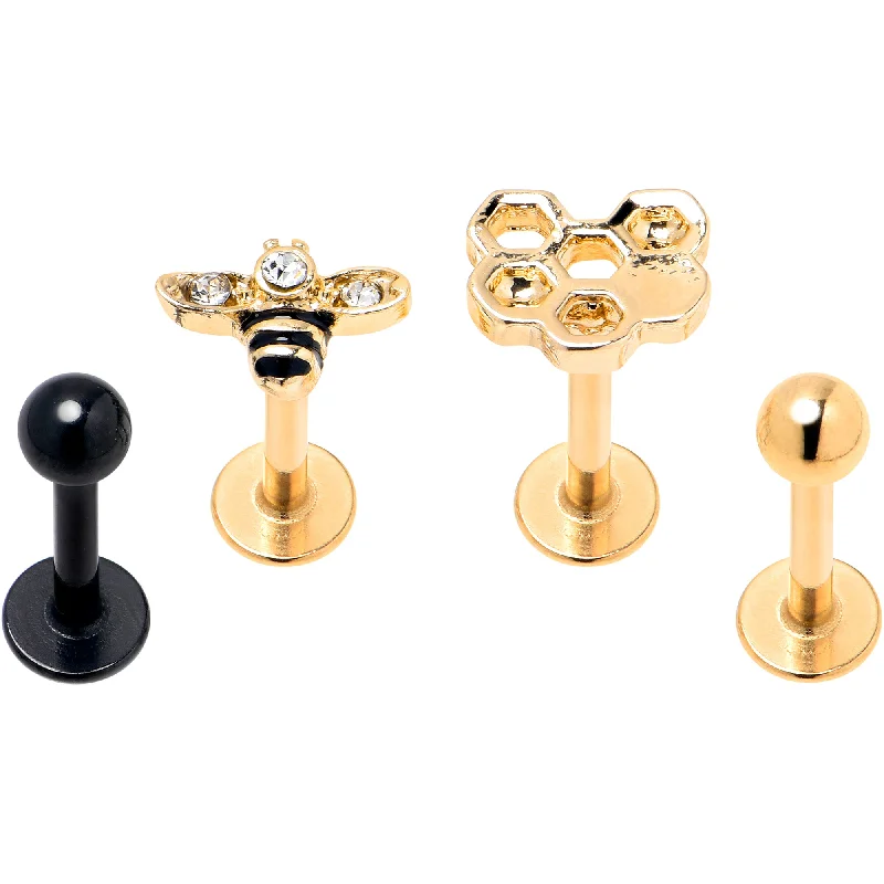 Chic Lip Rings for Fashionable Look16 Gauge 5/16 Clear Gem Gold Tone Bee Honeycomb Black Labret Set of 4