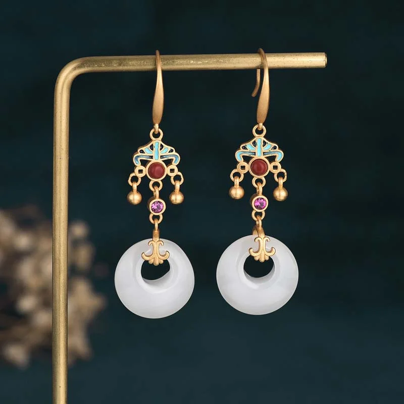 Women's Earrings – Elegant Designs for Every Personality--Buddha Stones FengShui White Jade Blessing Drop Earrings