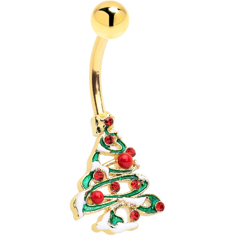 Comfortable Belly Rings for Statement Fashion -Red Gem Gold Tone Snowy Christmas Tree Holiday Belly Ring Comfortable Belly Rings for Statement Fashion -Red Gem Gold Tone Snowy Christmas Tree Holiday Belly Ring