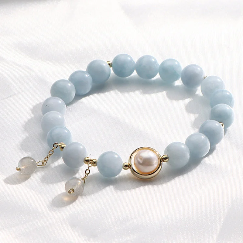 Bridal Set of Bangles for Women-Buddha Stones Aquamarine Pearl Healing Moonstone Beads Charm Bracelet