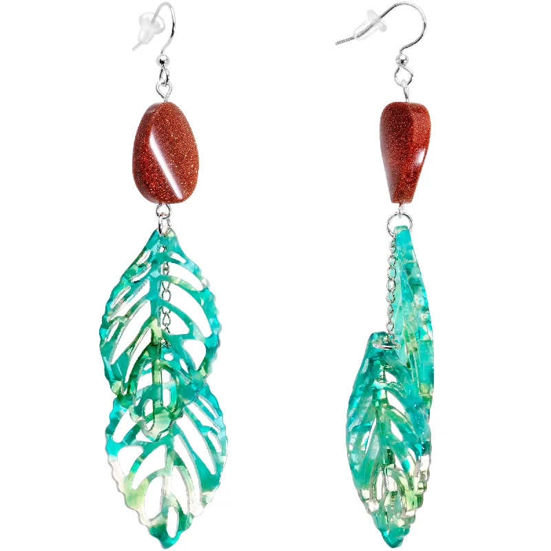 Women's Earrings – Elegant Designs for Every Personality--Handcrafted Goldstone Green Leaves Fishhook Dangle Earrings