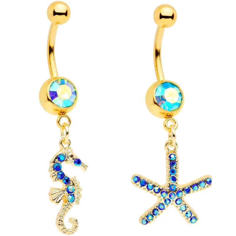 Stylish Belly Rings for Glamorous Look -Blue Gem Gold Tone Starfish Seahorse Nautical Belly Ring Set of 2 Stylish Belly Rings for Glamorous Look -Blue Gem Gold Tone Starfish Seahorse Nautical Belly Ring Set of 2