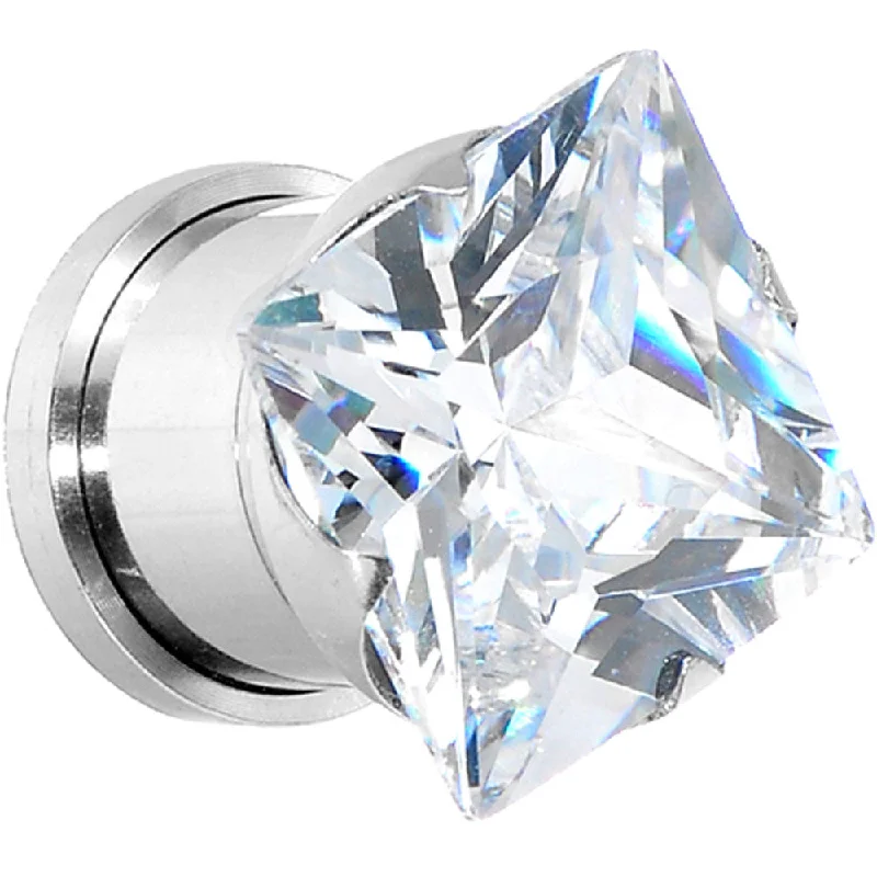 Women's Earrings – Elegant Designs for Every Personality--1/2 Stainless Steel Clear Square CZ Screw Fit Tunnel