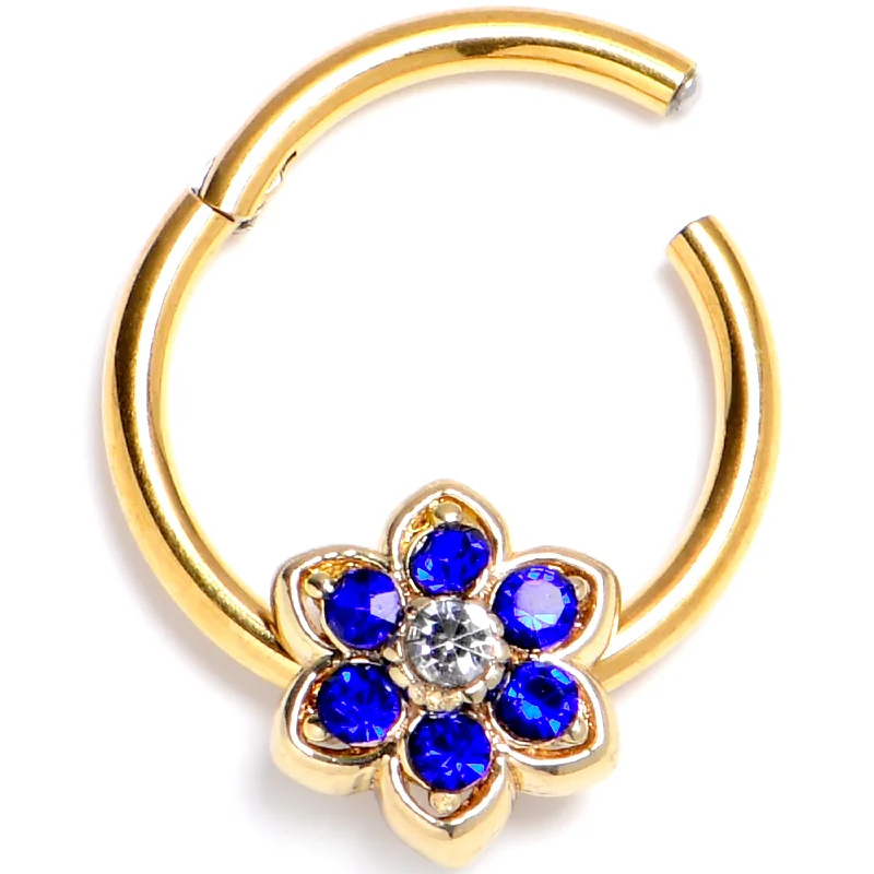 Women's Earrings – Elegant Designs for Every Personality--16 Gauge 3/8 Blue Gem Gold Tone Radiant Bloom Flower Hinged Segment Ring