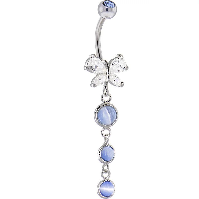 Comfortable Belly Rings for Stylish Piercings -Triple Solar Blue Butterflly CABACHON Dangle Belly Ring