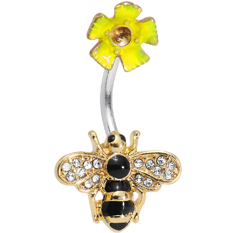 Beautiful Belly Rings with Polished Shine -Clear Gem Pardon Me Honey Bee Yellow Flower Double Mount Belly Ring Beautiful Belly Rings with Polished Shine -Clear Gem Pardon Me Honey Bee Yellow Flower Double Mount Belly Ring