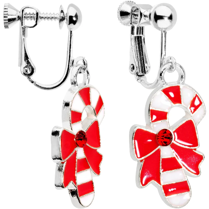 Women's Earrings – Elegant Designs for Every Personality--Red CZ Gem Silver Plated Bow Candy Cane Clip On Earrings