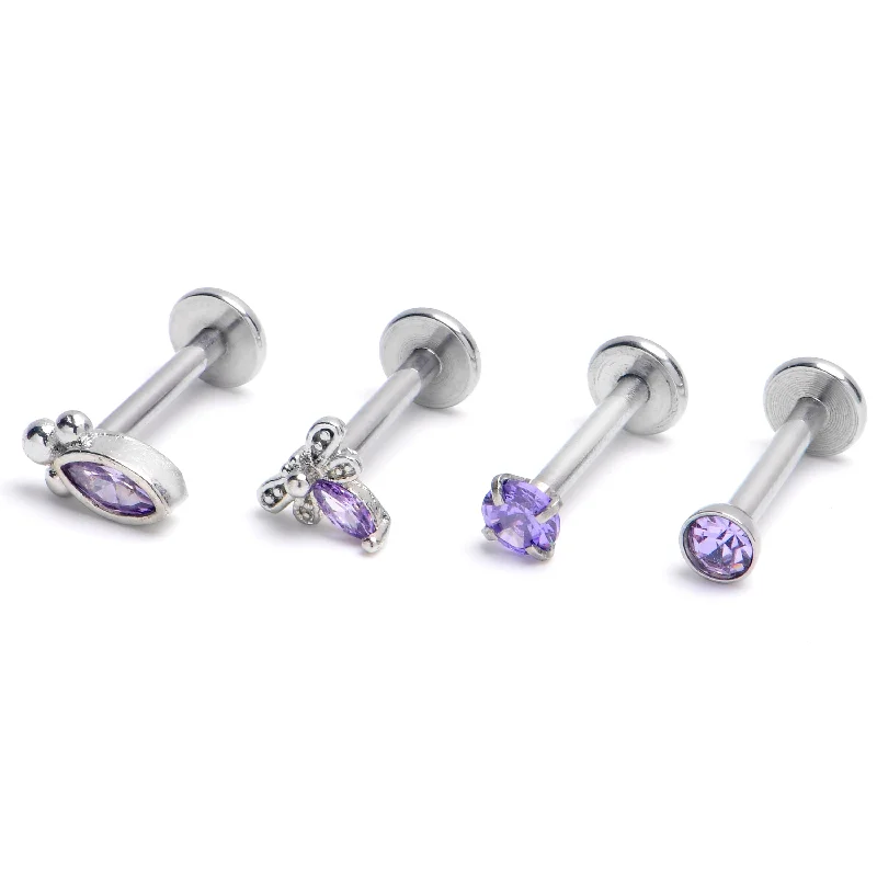 Stylish and Bold Lip Rings16 Gauge 5/16 Purple Gem Insect Oval Labret Monroe Tragus Set of 4
