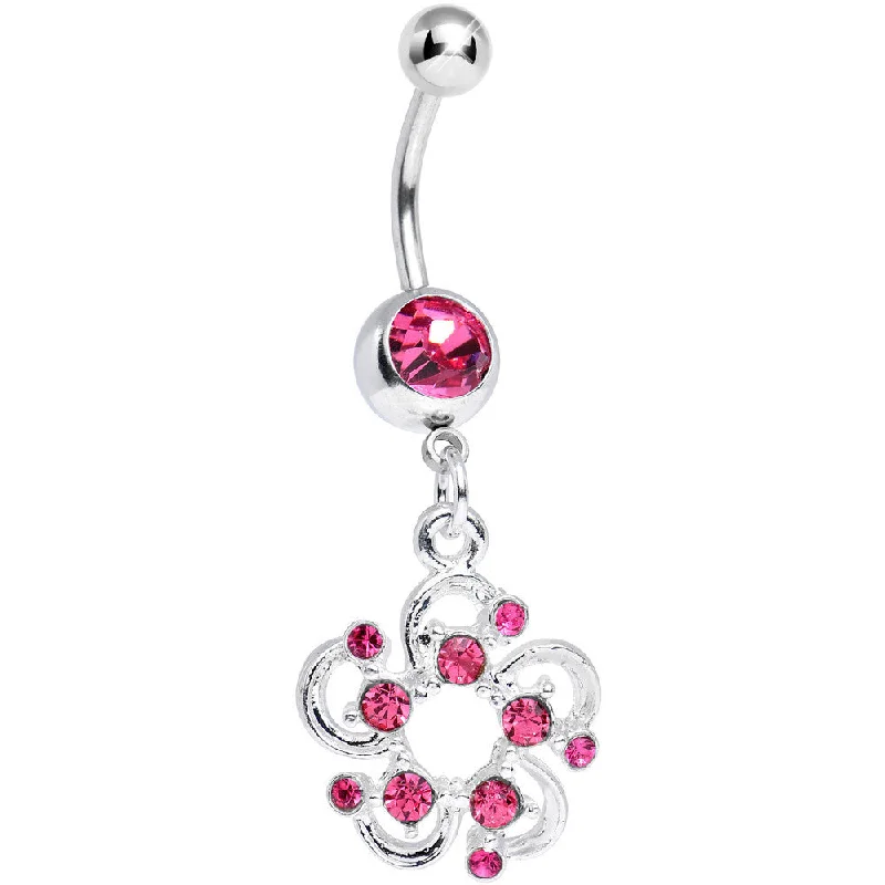Belly Rings with Elegant Detailing for Fashionistas -Pink Gem Summertime Open Flower Petal Dangle Belly Ring Belly Rings with Elegant Detailing for Fashionistas -Pink Gem Summertime Open Flower Petal Dangle Belly Ring