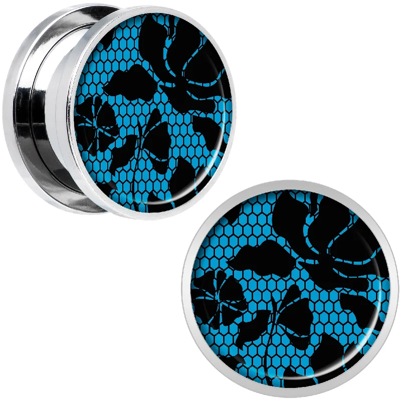 Women's Earrings – Elegant Designs for Every Personality--Blue Floral Lace Steel Screw Fit Plug Set 5/8