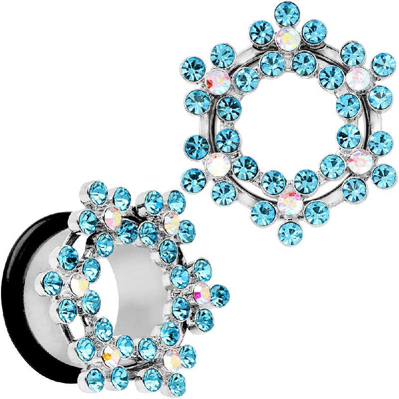 Women's Earrings – Elegant Designs for Every Personality--18mm Aqua and Aurora Gem Snowflake Steel Tunnel Plug Set Women's Earrings – Elegant Designs for Every Personality--18mm Aqua and Aurora Gem Snowflake Steel Tunnel Plug Set