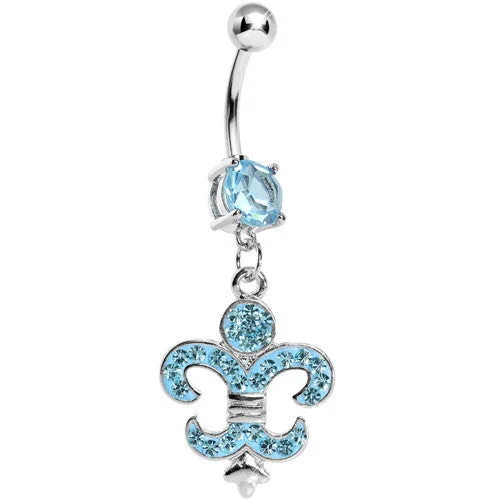 Custom Belly Rings for a Fashionable Look -Light Blue Gem Fleur de Lis Belly Ring
