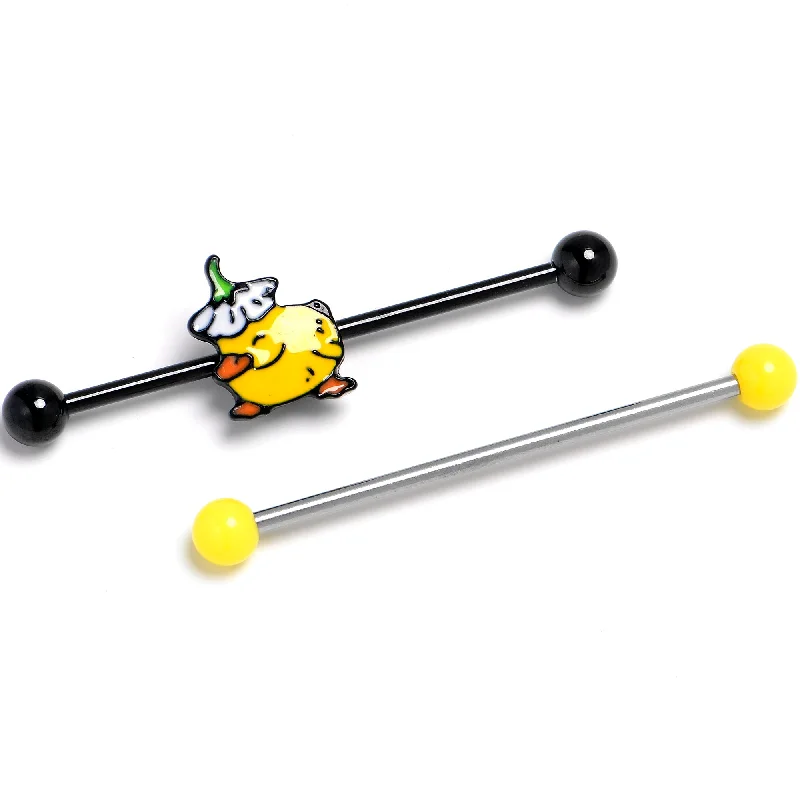 Women's Earrings – Elegant Designs for Every Personality--14 Gauge Black Duck Flower Yellow End Industrial Barbell 38mm Set of 2